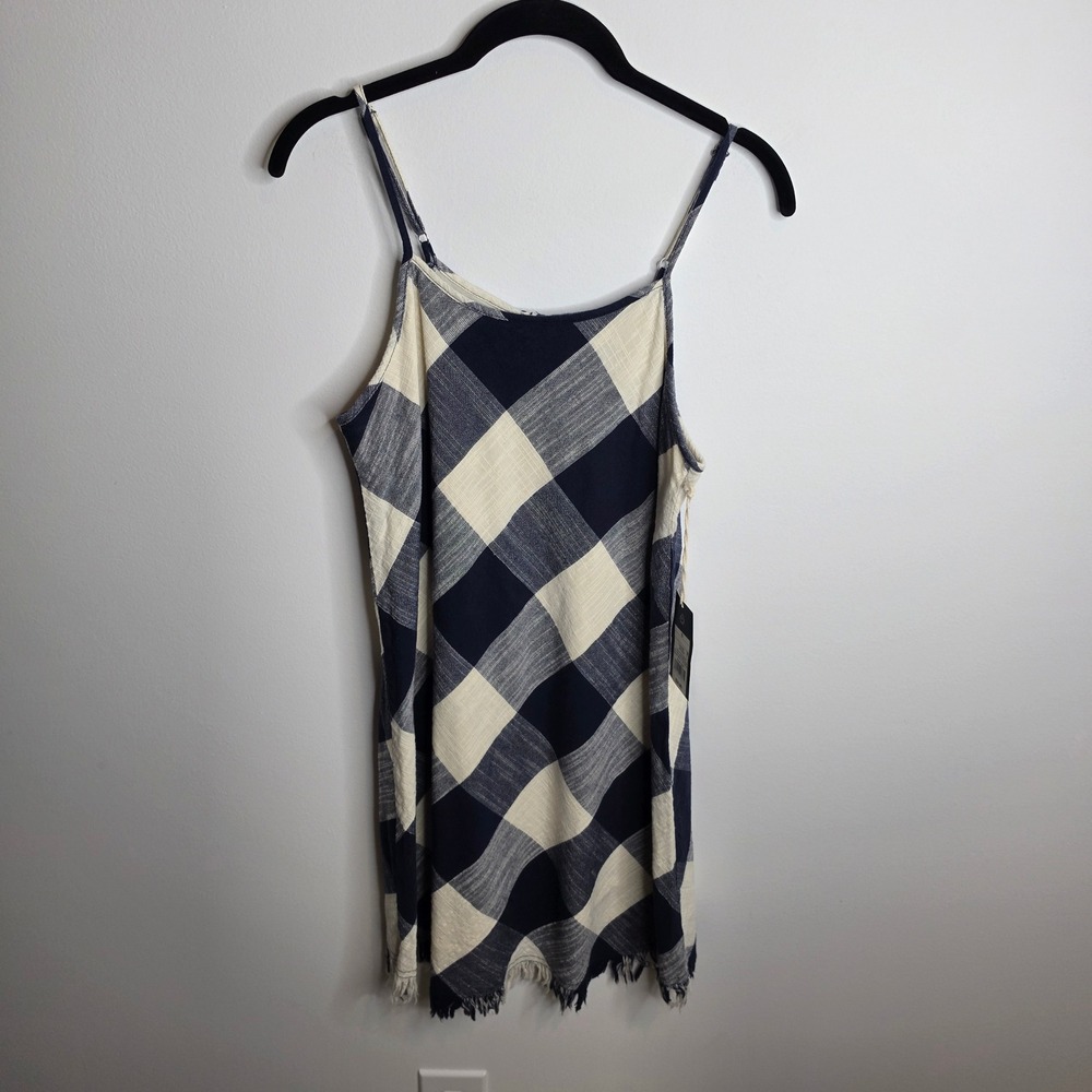 Universal Thread NWT Plaid Cami Dress Womens Small Blue Cream Fringed Hem Mini